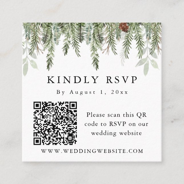 Carte De Visite Carré Noël à feuillage persistant hiver QR Code RSVP (Devant)