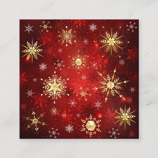 Carte De Visite Carré Noël Golden Snowflakes sur Arrière - plan rouge (Devant)