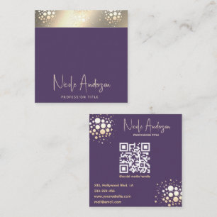 Carte De Visite Carré Noeud moderne violet de luxe en or confetti QR cod