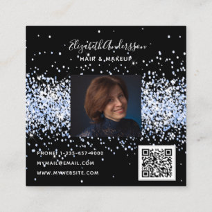 Carte De Visite Carré Noir bleu confetti profil photo qr code