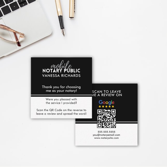 Carte De Visite Carré Noir et blanc élégant critique QR Notaire Merci (Créateur téléchargé)