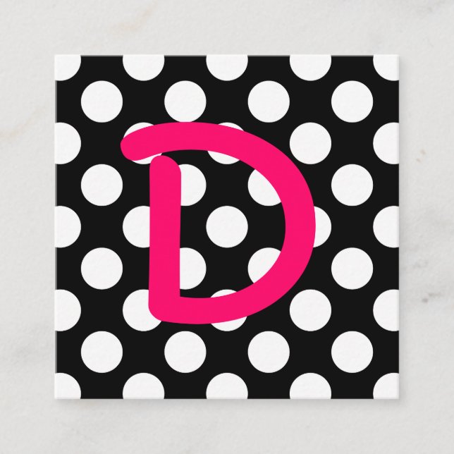 Carte De Visite Carré Noir et blanc Polka Point rose chaud Monogramme (Devant)