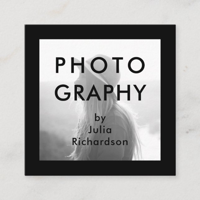 Carte De Visite Carré Noir minimal | deux photos pour des photographes (Devant)