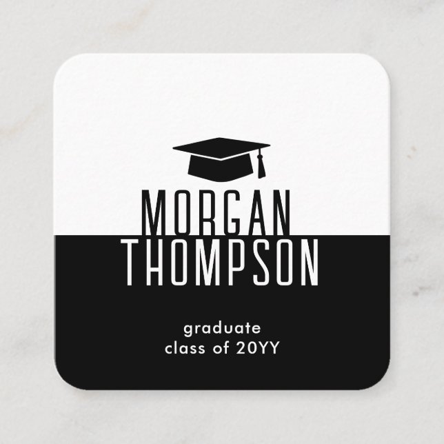 Carte De Visite Carré Nom du diplômé Coordonnées Black White Graduation (Devant)