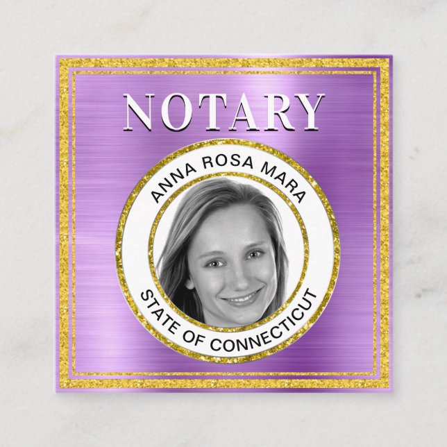 Carte De Visite Carré *~* NOTARY PHOTO MÉTAL VIOLET Agent de signature  (Devant)