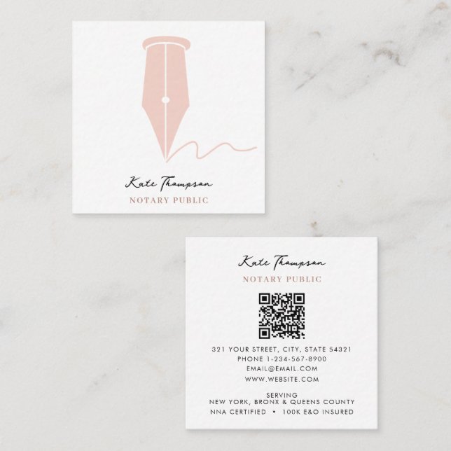 Carte De Visite Carré Notary Signing Agent Calligraphy QR Code Pink (Devant / Derrière)