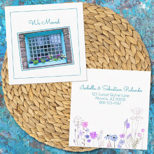 Carte De Visite Carré Nous Avons Déplacé Bleu Fenêtre Fleur Box Personna