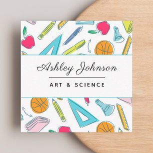 Carte De Visite Carré Objets de l'école Motif enseignant coloré amusant