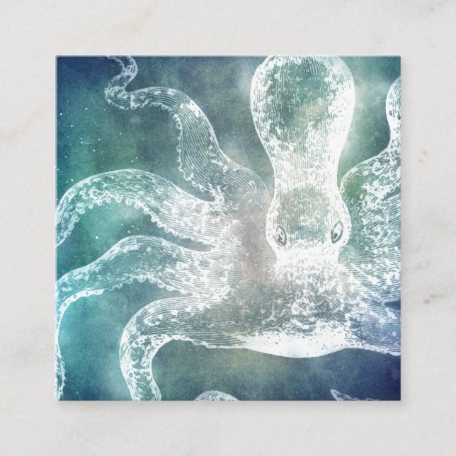 Carte De Visite Carré Octopus Midnight Blue Aquarelle Turquoise Art Vint (Devant)