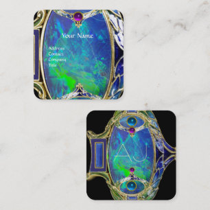CARTE DE VISITE CARRÉ OPAL VERT BLEU, MONOGRAMME D'OEUVRE D'OR ART NOUVE