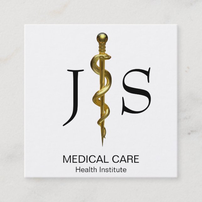 Carte De Visite Carré Or classique sur bâton blanc d'Asclepius Médicale (Devant)