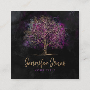 Carte De Visite Carré Or et arbre pourpre d'aquarelle