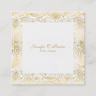 Carte De Visite Carré Or sur blanc Floral Paisley