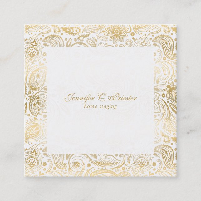 Carte De Visite Carré Or sur blanc Floral Paisley (Devant)