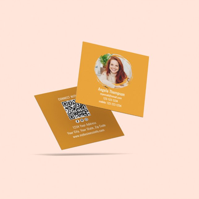 Carte De Visite Carré Orange Connect with Me Photo QR Code  (Business card with photo and QR code template.)