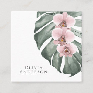 Carte De Visite Carré Orchidées Rose Pâle sur Botanique Tropicale Monste