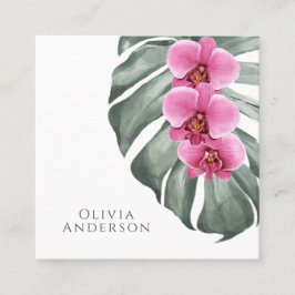 Carte De Visite Carré Orchidées roses chaudes sur Monstera Tropical Bota