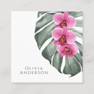 Carte De Visite Carré Orchidées roses chaudes sur Monstera Tropical Bota