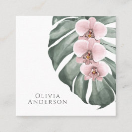 Carte De Visite Carré Orchidées roses chaudes sur Monstera Tropical Bota