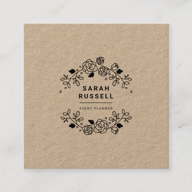 Carte De Visite Carré Organisateur d'évènements kraft à cadre floral noi (Devant)