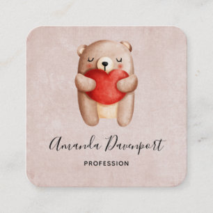 Carte De Visite Carré Ours en peluche mignon portant un coeur rouge