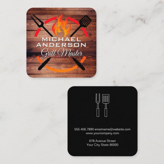 Carte De Visite Carré Outils Barbecue | Grill Fire | Bois (Devant / Derrière)