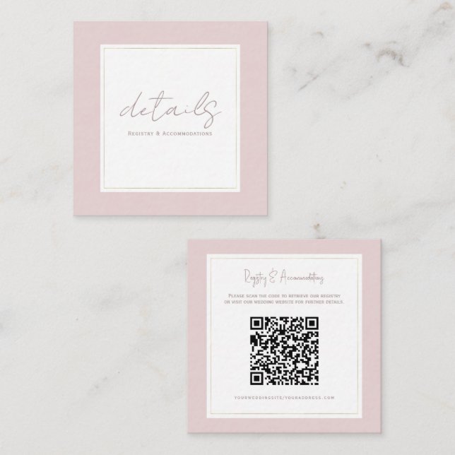 Carte De Visite Carré Oyster Pink & Gold Modern Minimal Détails Mariage (Devant / Derrière)