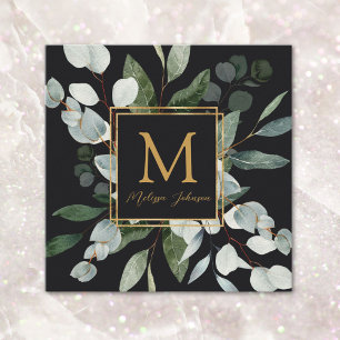 Carte De Visite Carré Papier Peint Monogramme Aquarelle Feuilles Vertes 