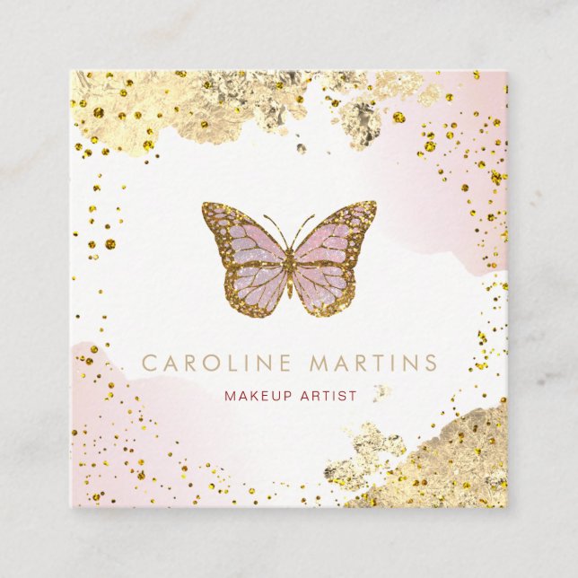 Carte De Visite Carré Papillon à parties scintillant d'aquarelle FAUX (Devant)