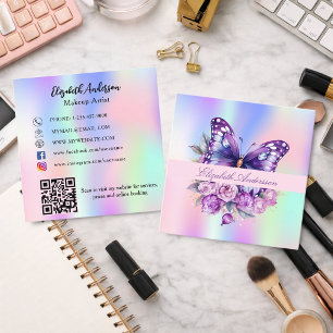 Carte De Visite Carré Papillon holographique violet code QR médias socia