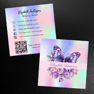 Carte De Visite Carré Papillon holographique violet code QR médias socia