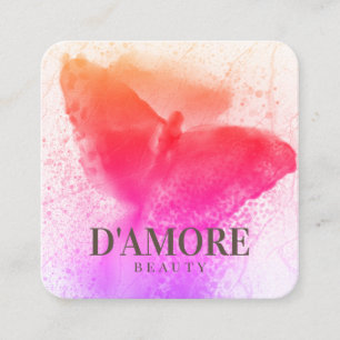 Carte De Visite Carré Papillon rose holographie aquarelle professionnell