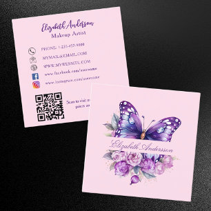 Carte De Visite Carré Papillon rose violet fleurs QR code médias sociaux