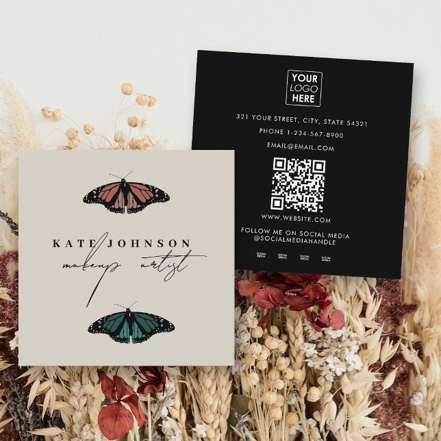 Carte De Visite Carré Papillons neutres modernes Artiste maquillage (Modern Neutral Butterflies Makeup Artist Square Business Card)