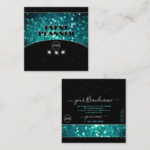Carte De Visite Carré Parties scintillant brillante noire et Turquoise a
