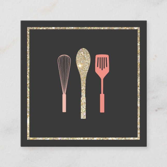 Carte De Visite Carré Parties scintillant cuillère Whisk Spatula Bakery  (Devant)