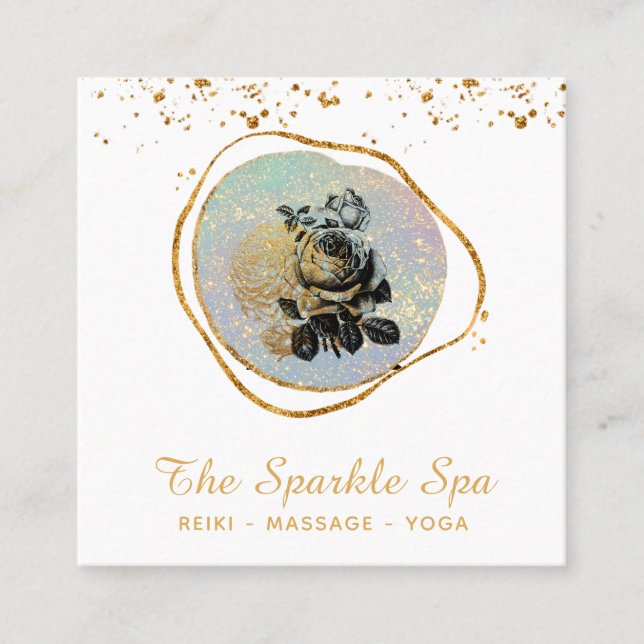 Carte De Visite Carré *~* Parties scintillant Opal Gold Rose Floral (Devant)