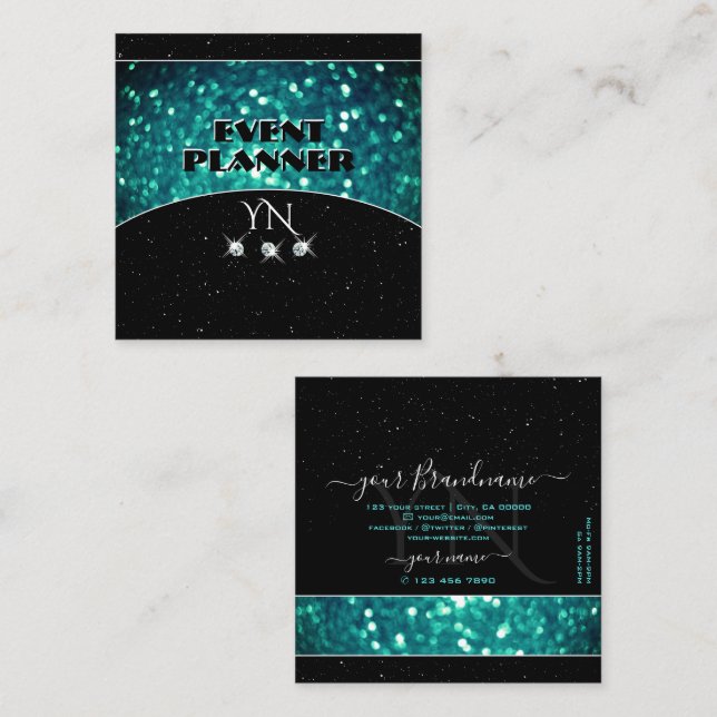 Carte De Visite Carré Parties scintillant Turquoise brillante noire avec (Devant / Derrière)