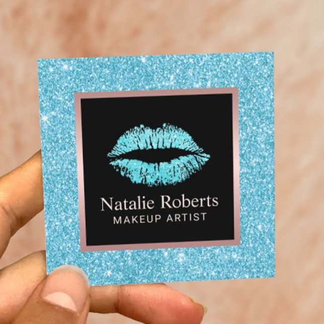 Carte De Visite Carré Parties scintillant Turquoise Lèvres Beauté Salon  (Créateur téléchargé)