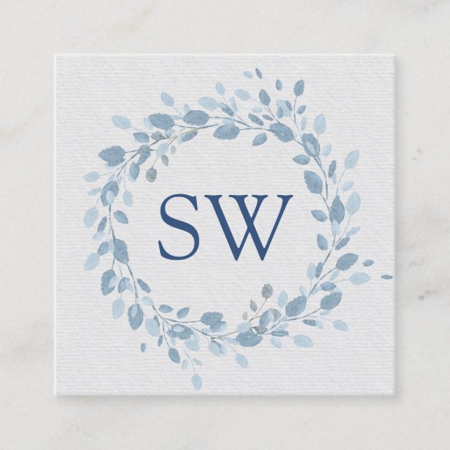 Carte De Visite Carré Pastel Blue Feuille Floral Monogram Wedding planne (Devant)