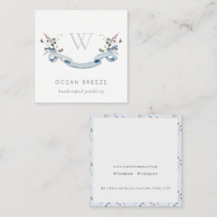 Carte De Visite Carré Pastel Blue Fleur sauvage aquarelle ruban monogram