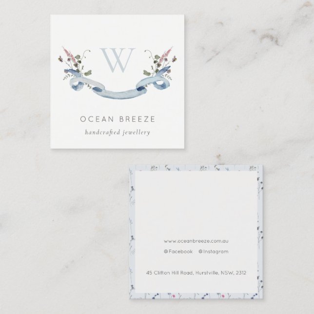 Carte De Visite Carré Pastel Blue Fleur sauvage aquarelle ruban monogram (Devant / Derrière)