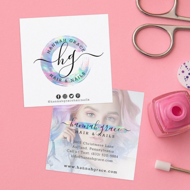 Carte De Visite Carré Pastel Rainbow Paint Swash Logo Custom Hair Nails (Créateur téléchargé)