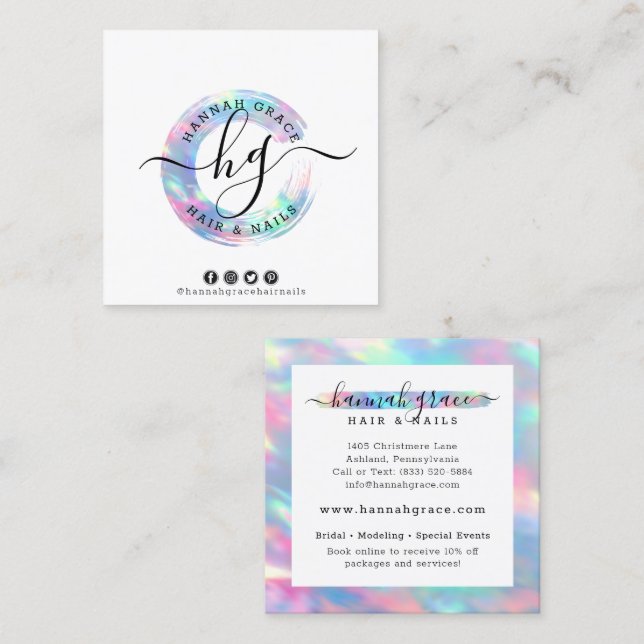 Carte De Visite Carré Pastel Rainbow Swash Logo Hair Nails Médias sociau (Devant / Derrière)