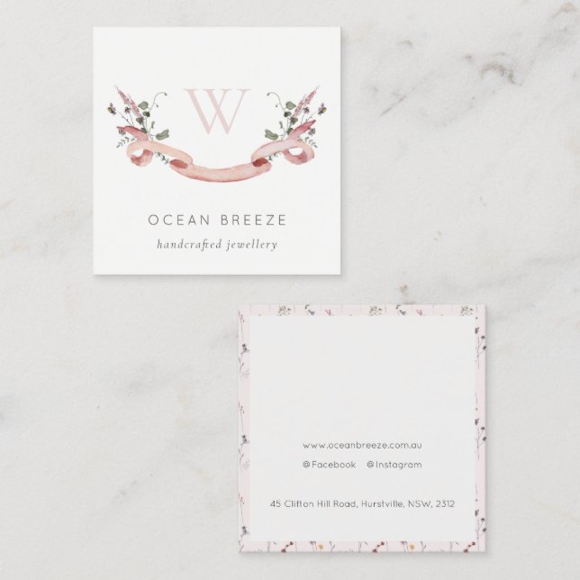 Carte De Visite Carré Pastel rose Fleur sauvage aquarelle ruban monogram (Devant / Derrière)