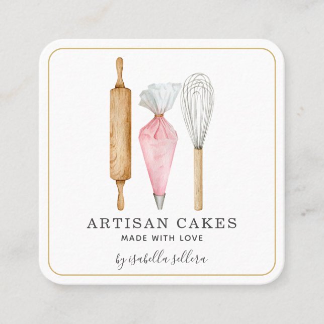 Carte De Visite Carré Pâtisserie Chef Aquarelle Cuisine Ustensiles Busi (Devant)