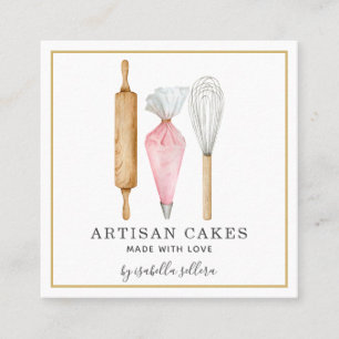 Carte De Visite Carré Pâtisserie Chef Aquarelle Cuisine Ustensiles Busi