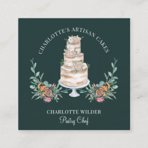 Carte De Visite Carré Pâtisserie Chef Aquarelle Gâteau Floral Noir