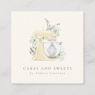Carte De Visite Carré Pâtisserie Chef Aquarelle Mixte Gâteau Floral