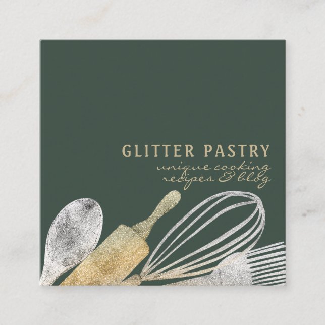 Carte De Visite Carré Pâtisserie cuisiner lux sauge or vert (Devant)